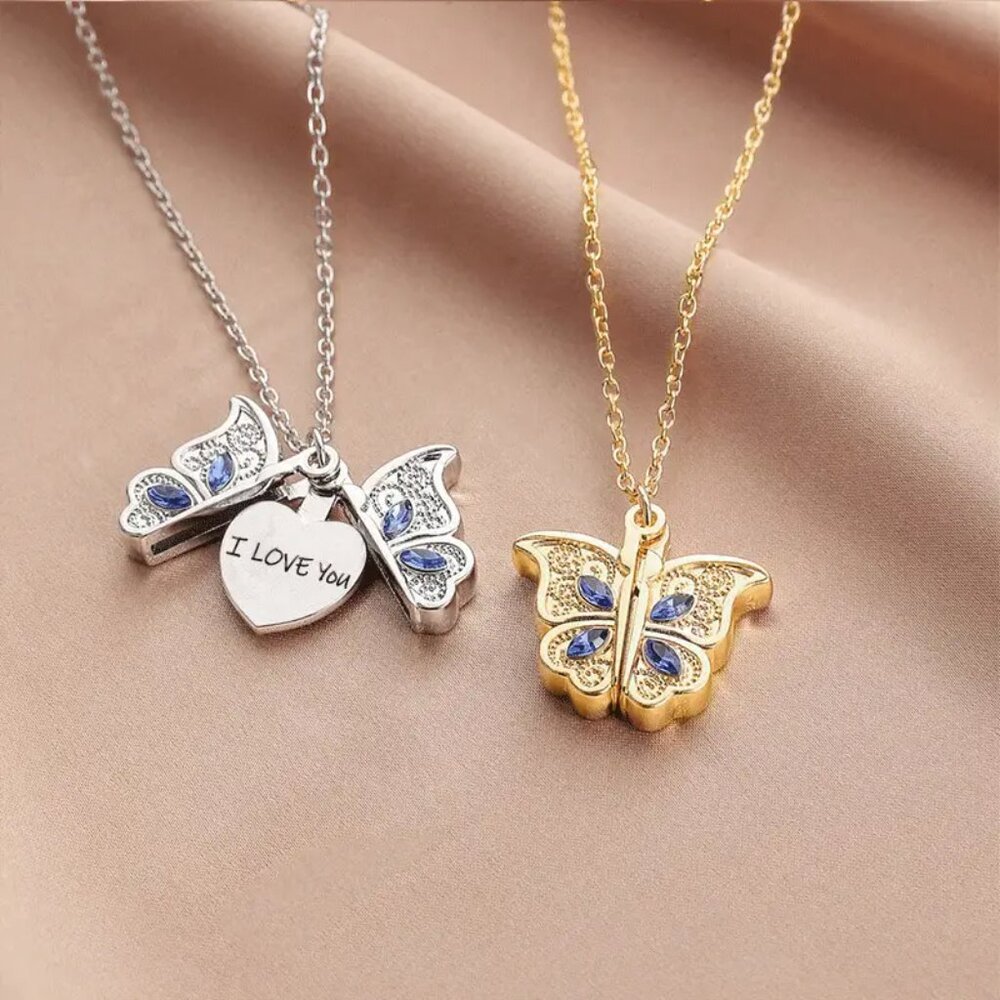 “I Love You” Zircon Butterfly Pendant Necklace – Elegant Romantic Charm Jewelry